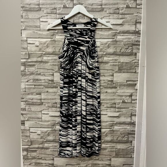 Calvin Klein || Black and White Striped Midi/Maxi Sleeveless Dress V Neckline - Picture 1 of 10